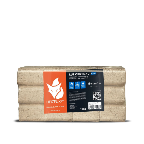 Heizfuxx RUF Original Blue Holzbriketts – Hochverdichtete Hartholz-Briketts in RUF-Form für Kamin & Ofen
